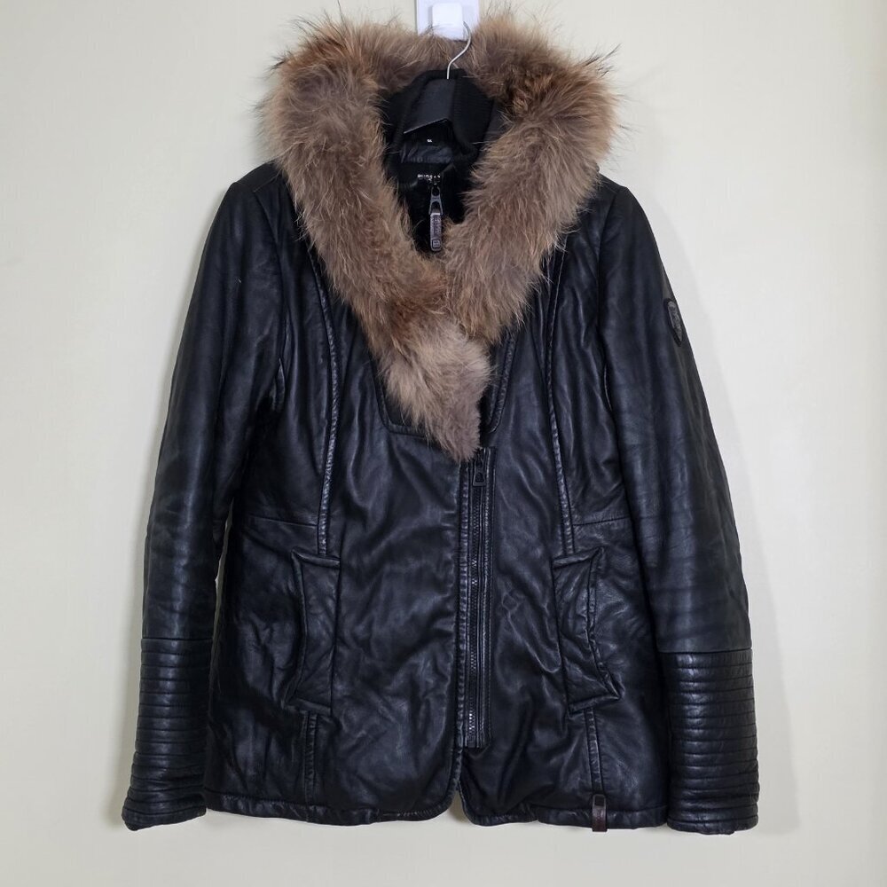 Rudsak Leather Jacket Women L Black LS Raccoon Fur Hood Trim Quilted Liner Edgy